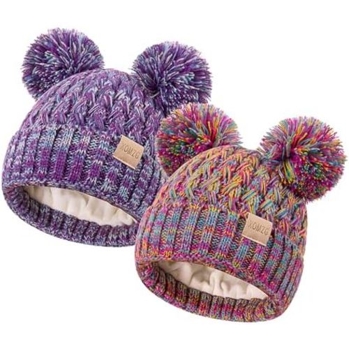 Toddler Winter Beanie Hat, Infant Winter Warm Knit Fleece Lined Cap for Girls Boys with Pom Pom for 0-36 Months 2 Packs
