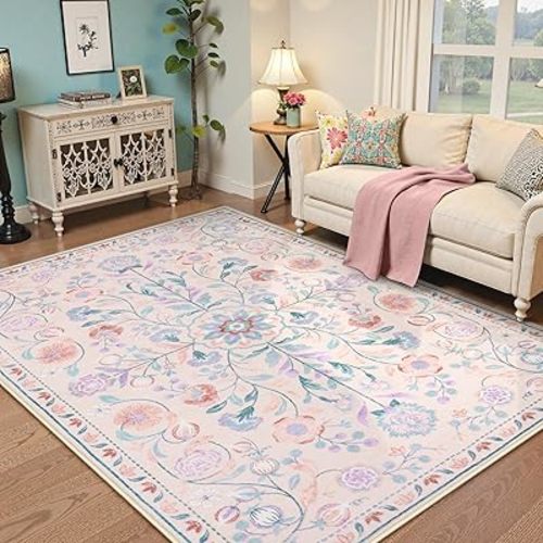 Anidaroel Boho Rugs for Living Room 8x10, Washable Pink Area Rug for Bedroom Vintage Soft Girls Room Rug, Non Slip Distressed Nursery Rug Indoor Throw Carpet for Playroom Dining Room