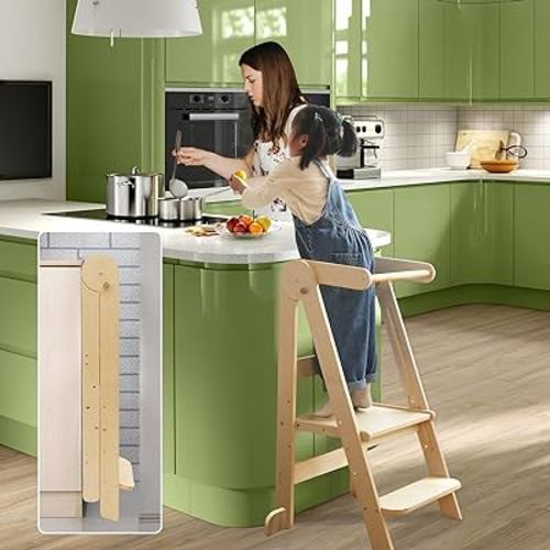 Foldable Toddler Kitchen Stool Helper Folding Step Stool for Kids Montessori Toddler Standing Tower with 3 Adjustable Height Helper Tower for Kitchen Counter Sink Natural