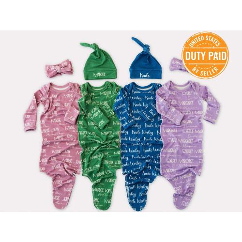Personalized Name Gown Newborn Baby Boy Girl Custom Knotted Coming Home Outfit Gift - - Duty Paid by Seller