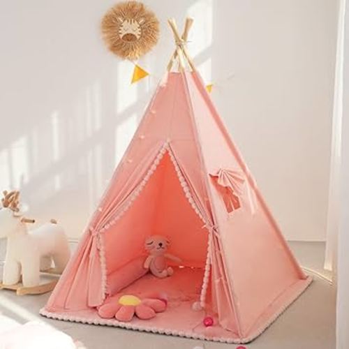 Teepee Tent with Padded Mat for Kids, Pompom Play Tent with Bunting Banner Fairy Lights for Child, Play House Tipi for Toddler, Boys and Girls Room Decor, Pink