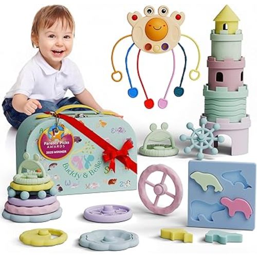 Montessori Toys for 1 Year Old 6-in-1 Silicone Baby Gift Set with Stacking Cups - Stacking Teether Rings - Pull Toy - Puzzle – Premium Alphabet Case – Safe Sensory Toys for Babies