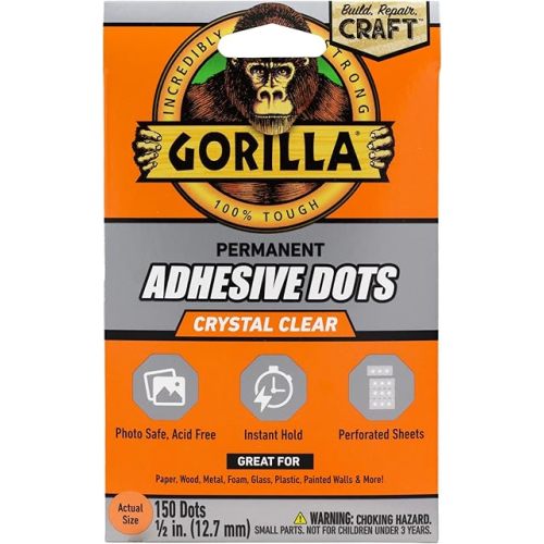 Gorilla Permanent Adhesive Dots, Double-Sided, Clear, 0.5" Diameter, 150 Pieces (Pack of 1) - No Mess, Photo Safe