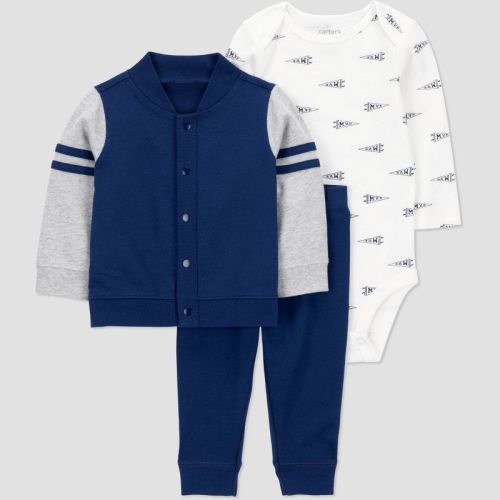 Carter's Just One You® Baby Boys' 3pc Varsity Hooded Zip-Up Sweatshirt with Bodysuit and Jogger Pants Set - Blue 3M