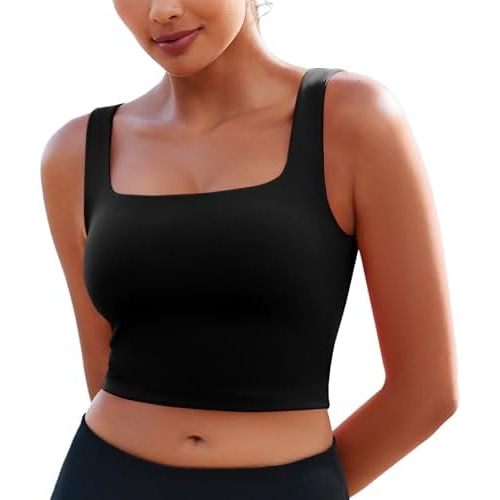 PINSPARK Sports Bra for Women Square Neck Longline Tank Top with Built in Bra