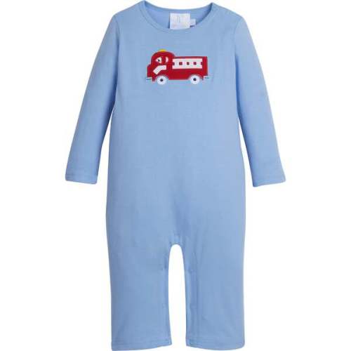 Fire Truck Applique Crew Neck Long Sleeve Romper, Blue - Little English | Maisonette
