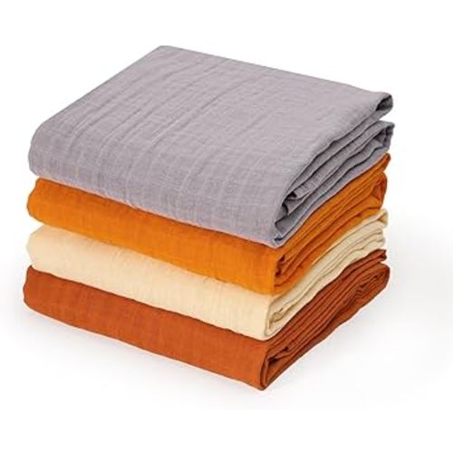 david's kids 4 Pack Baby Muslin Swaddle Blankets, 100% Cotton Swaddling Blankets Wrap for Boys Girls, Ultra Soft Breathable Receiving Blanket, New Born Essentials, Brown&Grey&Ginger&Beige