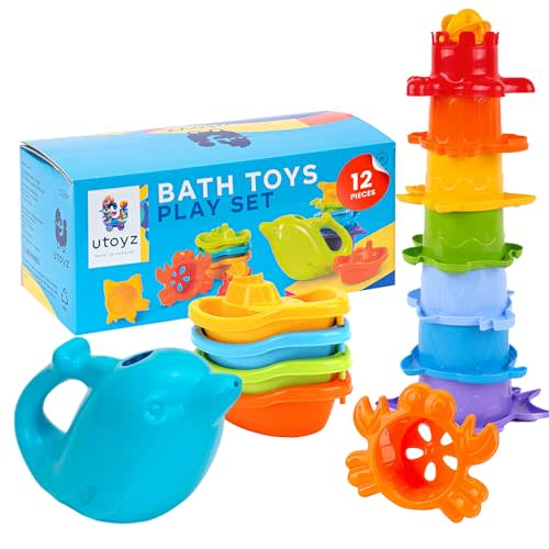 TECHNOK Baby Bath Toys for Toddlers - 12 pcs Rainbow Stacking Cups Baby Toy with Bath Boats Train and Toddler Watering Can - Stackable Plastic Bath Toys - Sea Animal Shapes Bath Toy for Girls and Boys