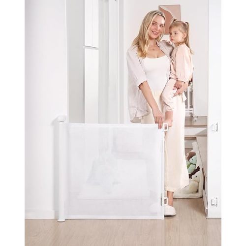 Likzest Retractable Baby Gate, Mesh and Pet Gate 33/'' Tall, Extends up to 55/'' Wide, Child Safety Gates for Stairs Doorways Hallways, Dog Cat Indoor Outdoor (White), 6*18, SH20.006DC