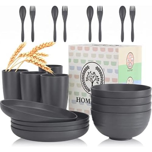 Wheat Straw Dinnerware Sets, Homienly 20pcs Unbreakable Microwave Dishwasher Safe Tableware Lightweight Bowls, Cups, Plates Set Reusable Dinner Plates Bowls set (Dark Grey)