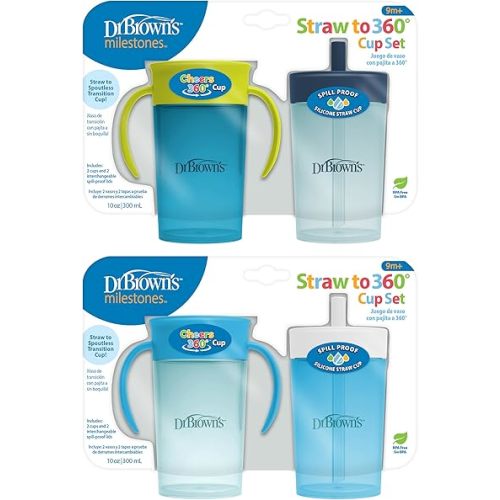 Dr. Brown's Milestones Straw to 360° Cup Set, Convertible Toddler Training Cup Set with Lids, Blue/Blue/Green/Blue, 10 oz/300 mL, BPA Free, 9m+, 4 Pack