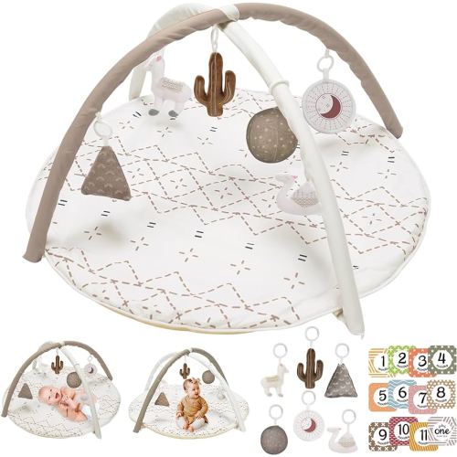 Little Dove Tummy Time Mat with 6 Toys, Macrame Baby Play Mat for Newborn, Baby Gym with 12 Milestone Cards, Stage-Based Sensory and Motor Skill Development Baby Play Gym, Non Slip Mat Washable, Khaki