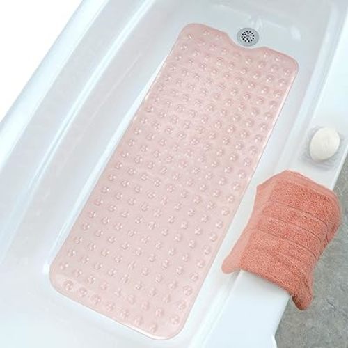 SlipX Solutions Power Grip Extra Long Bath Tub & Shower Mat 39x16, Wet Floor Non-Slip for Elderly & Kids Bathroom, 30% Longer Bathtub Mats, 200 Suction Cups, Drain Holes (1, Translucent Coral)