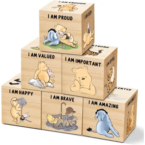 6 Pcs Inspirational Winnie Nursery Decor for Girls and Boys Wooden Classic The Pooh Decorations Winnie Baby Table Wooden Decorations Winnie Shelf Decor for Bedroom Playroom Gifts 1.6 Inch