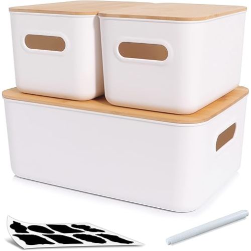 Citylife Set of 3 Storage Bins with Bamboo Lids Plastic Storage Containers for Organizing Stackable Storage Box with Handle