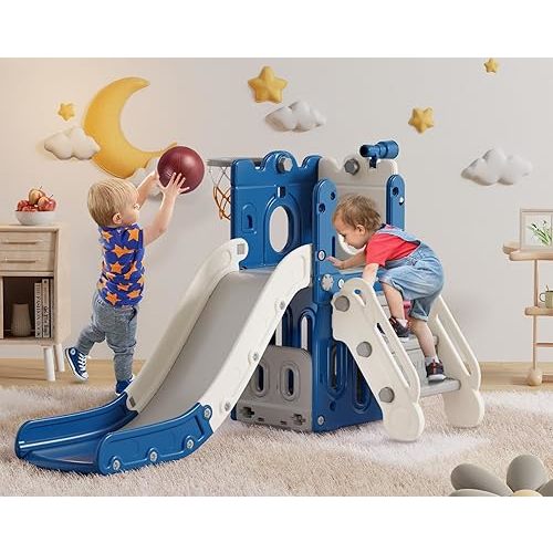BIERUM 7 in 1 Toddler Slide, L-Shaped Kids Slide for Toddlers Age 1-3 with Basketball Hoop and Ball, Ring Toss, Storage Space, Outdoor and Indoor Slide Playset Toddler Playground Blue Gray
