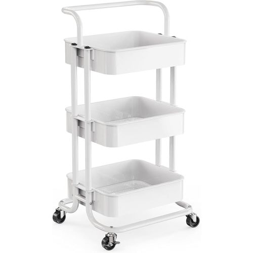 Pipishell 3 Tier Mesh Utility Cart, Rolling Metal Organization Cart with Handle and Lockable Wheels, Multifunctional Storage Shelves for Kitchen Living Room Office White