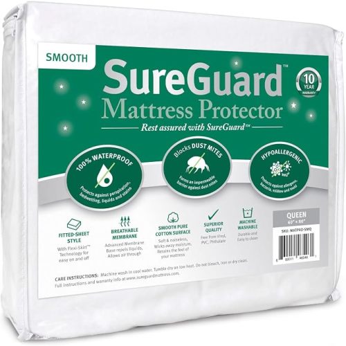 SureGuard Smooth Waterproof Mattress Protector, Crib Size Mattress Cover | Soft Noiseless Breathable Hypoallergenic Washable Mattress Pad, Stretchable Pockets fit Crib up to 6" Deep (Smooth Cotton)