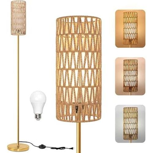 Floor Lamp for Living Room,Farmhouse Floor lamp,Modern Standing lamp with Hand-Worked Rattan Shade (Round Rattan Shade Gold Color-3 Color Bulb)
