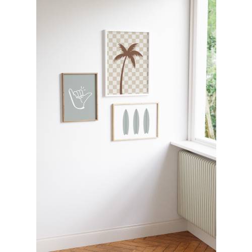 Palm Tree Checker Shaka Surfboard Gallery Wall Set of 3 Downloadable Prints, Neutral Nursery, Kids Room, Quote Play Wall Art, Printable