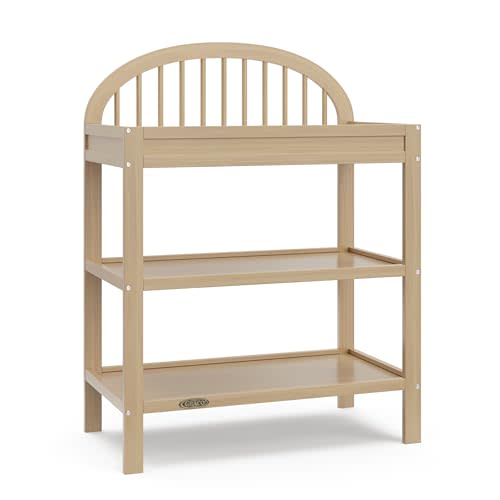 Graco Olivia Changing Table with Water-Resistant Changing Pad (Driftwood) - GREENGUARD Gold Certified, Includes Bonus Water-Resistant Changing Pad with Safety Strap, 2 Open Shelves, Stylish Design