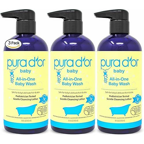PURA D'OR All-in-One Baby Wash (16 Oz x3 = 48 Oz) USDA Biobased, Zero Sulfates, No Artificial Scents, Tear-Less, Hypoallergenic, Gentle, Calming 2-in-1 Baby Bath Wash & Shampoo