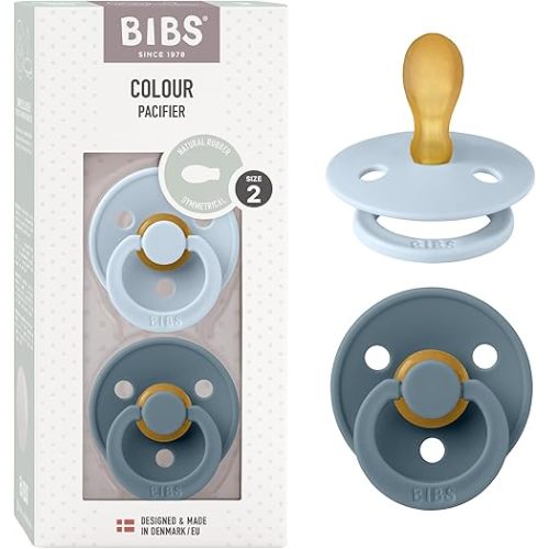 BIBS Pacifiers - Set of 2 | Colour Pacifier with Symmetrical Nipple | BPA-Free Natural Rubber | Made in Denmark | Baby Blue/Petrol, 6-18