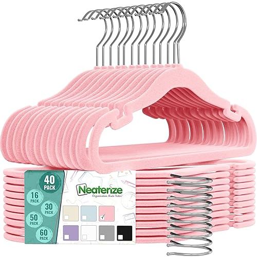 Velvet Kids Hangers 40 Pack - Pink Toddler Hangers with Notches, Heavy Duty Non-Slip Velvet Baby Hanger