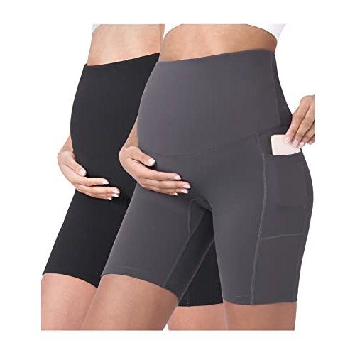 POSHDIVAH Women's Maternity Yoga Shorts Over The Belly Bump Summer Workout Running Active Short Pants with Pockets 5"/8"