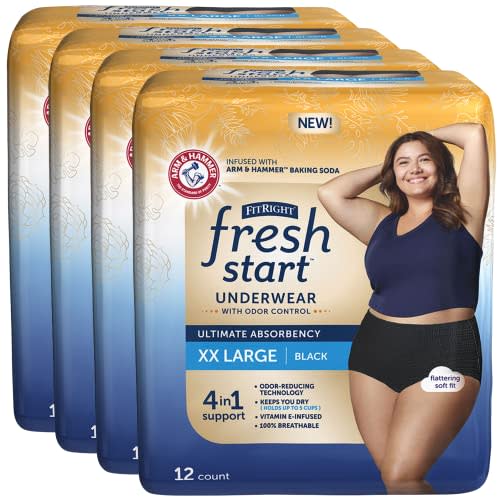 FitRight Fresh Start Incontinence and Postpartum Underwear for Women, XXL, Black (48 Count) Ultimate Absorbency, Disposable Underwear with The Odor-Control Power of ARM & HAMMER