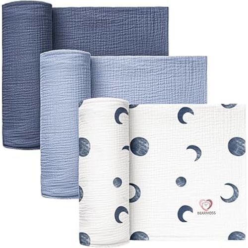 Muslin Swaddle Blankets 100% Cotton Large Baby Swaddle Blankets 47x47in, Super Soft Breathable Receiving Blankets for Unisex Baby Boys Girls (Blue Moon)
