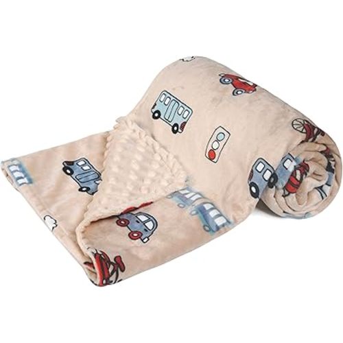 DaysU Silky Micro Soft Plush Baby Blankets for Boys with Print Car Pattern and Soothing Raised Dots, Double Layer Bed Throws for Baby Crib, Car, Pale Khaki, 30x40 Inches