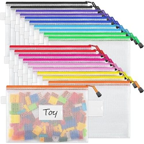 JARLINK 20 Pcs A4 Mesh Zipper Pouch, Waterproof Letter Size Zipper Bags, 10 Colors, Puzzle Bag with Label Pocket for School, Office Supplies, Cosmetics, Travel Storage and Home Organize