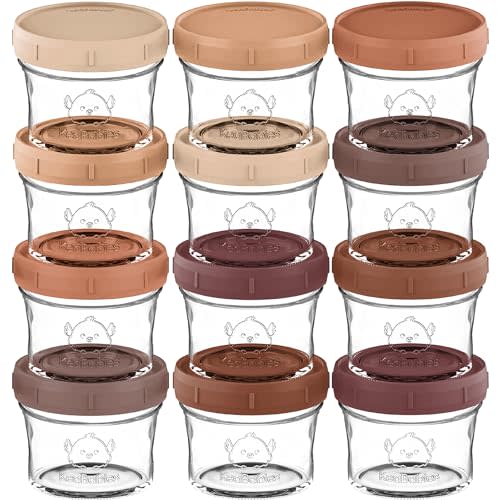 KeaBabies 12pk 4oz Glass Baby Food Containers - Leak-Proof, Microwavable Small Baby Glass Jars with Lids, Baby Food Storage Containers, Baby Snack Containers, BPA-Free Baby Food Jars (Terracotta)