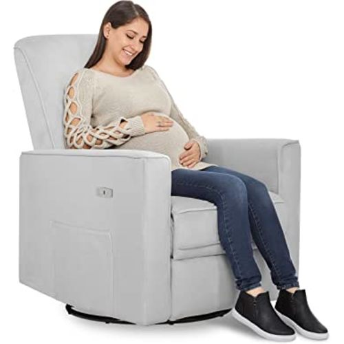 Evolur Harlow Deluxe Upholstered Plush Seating Glider Swivel, Rocker, Power Recliner with USB Port, Greenguard Gold Certified, Chair for Nursery in Misty Grey, Modern