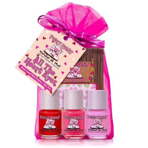 Piggy Paint | 100% Non-Toxic Girls Nail Polish | Safe, Cruelty-free, Vegan, & Low Odor for Kids | All the Heart Eyes (3 Polish + Nail Art Gift Set)