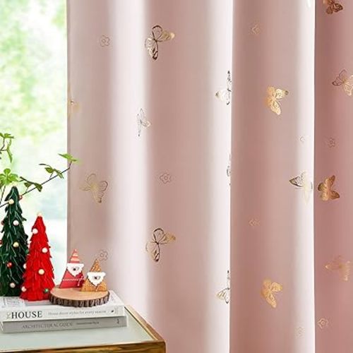 Jubilantex Pink Gold Butterfly Blackout Curtains with Black Layer Thermal Insulated Window Curtains Grommet Top for Bedroom Girls Room,52x63,2 Panels