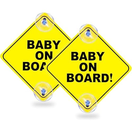 2PCS Baby On Board Signs with Suction Cups, 5"x5" Reusable Baby Safety Warning Decal for Car Windows