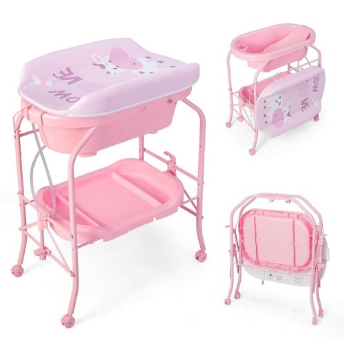 HONEY JOY Baby Changing Table with Bathtub, Foldable Infant Diaper Changing Station with Wheels, Storage Tray, Waterproof Pad, Portable Newborn Nursery Organizer Bath Stand for Boys Girls (Pink)