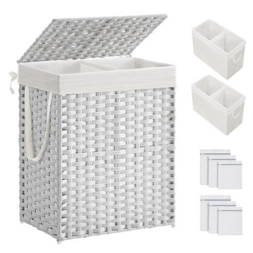 SONGMICS Laundry Hamper with Lid Clothes Hamper with 2 Removable Liner Bags & 6 Mesh Bags, Color: White, Size: 90l