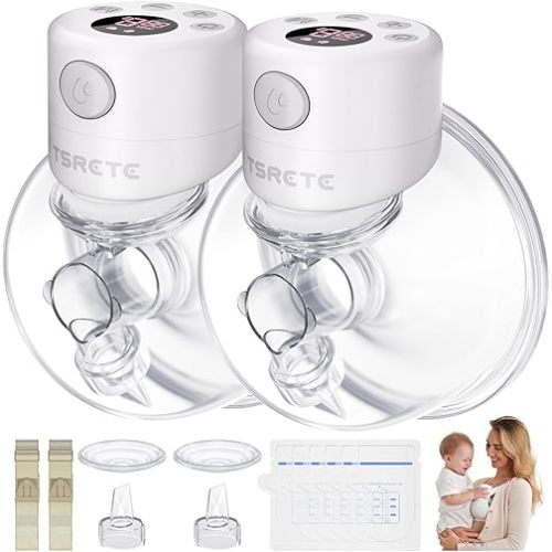 TSRETE Breast Pump, Double Wearable Breast Pump, Electric Hands-Free Breast Pumps with 2 Modes, 9 Levels, LCD Display, Memory Function Rechargeable Double Milk Extractor-24mm Flange, White