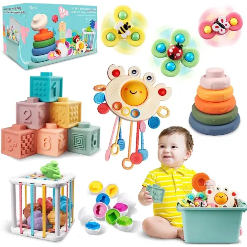 Amazon.com: Baby Toys for 6 to 12 Months, Montessori Toys for Babies, Sensory Bins Toys for Toddlers 1-3, Pull String Teether Infants Bath Toys 6 in 1 Stacking Blocks Rings, Matching Eggs, Suction Cup Spinner Toy : Toys & GamesPlay Icon