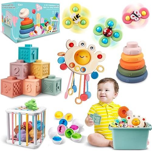 Baby Toys for 6 to 12 Months, Montessori Sensory Bins Toys for Toddlers 1-3, Pull String Teether Infants Bath Toys 6 in 1 Stacking Blocks Rings, Matching Eggs, Suction Cup Spinner Toy