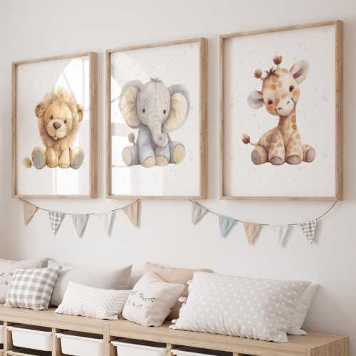 Animal Prints, Nursery Wall Art, Watercolor Plush Animal Prints, Baby Animal Prints, Safari Nursery Prints Framed, Canvas Wall Art Set of 3