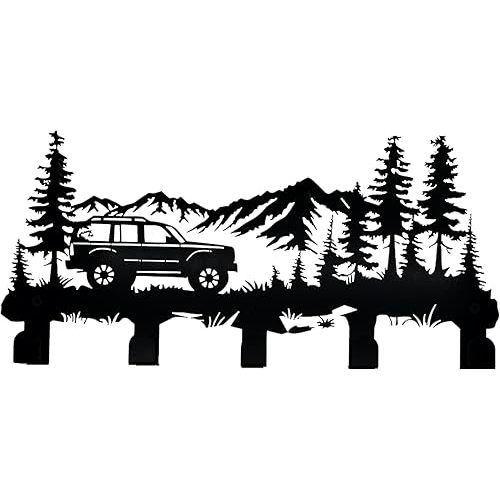 Metal Car Coat Hooks and Key Holder, Mountain Design Wall Art Decor with 5 Hooks, Clothes Hat Rack, and Backpack Hanger, Storage Decor for Living Room, Hallway, Office, Kitchen, Entryway, and Bedroom