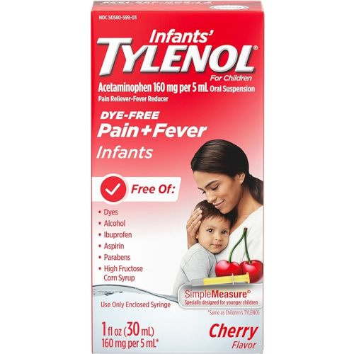 Tylenol Infants Oral Suspension Liquid Medicine with Acetaminophen, Baby Fever Reducer & Pain Reliever for Minor Aches & Pains, Sore Throat, Headache & Teething Pain, Dye-Free Cherry, 1 fl. oz