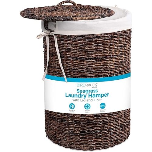 BIRDROCK HOME Seagrass Laundry Hamper with Lid & Liner - Handwoven Round Basket with Handles for Laundry/Dirty Clothes - Organizer, Storage, Shelves, Bin in Bathroom, Bedroom & Laundry Room - Espresso