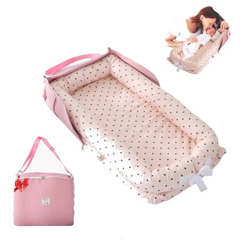 Baby Lounger for Newborn Portable Bag,Baby Nest Play Gym mat with Strap,Newborn Lounger Adjustable Size & Inner Zipper Lengthen Space to 24 Months(Pink Polka Dots)