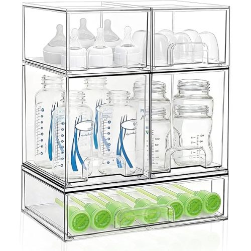 Bottle Storage Organizer Baby: Clear Stackable Storage Drawers, Acrylic Bottles Station Organizer for Countertop, Vanity, Bathroom, Cabinet Organization - 5 Pack