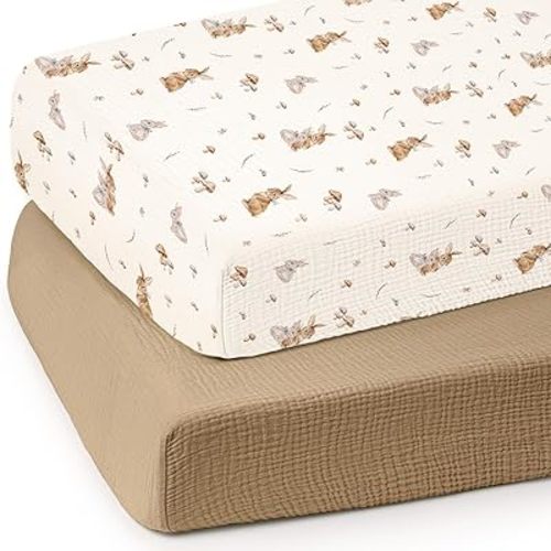 lulumoon Baby Muslin Crib Sheets: Soft & Breathable Fitted Crib Sheets for Boys and Girls - Khaki Bunny Sheets for Standard Crib 2Pack